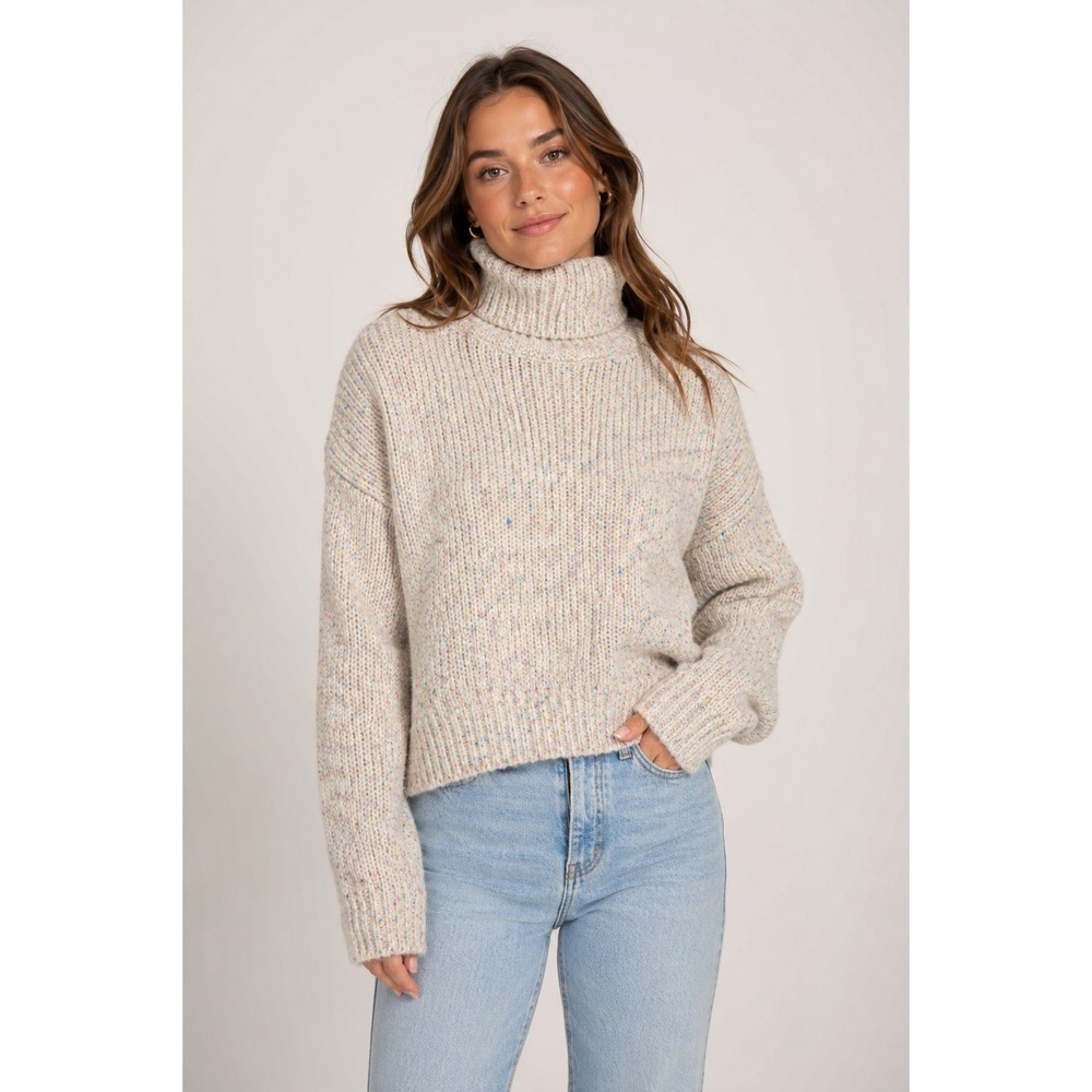 Lulus Confetti Knit Turtleneck Sweater Cream Multi Color Chunky Relaxed Small |H